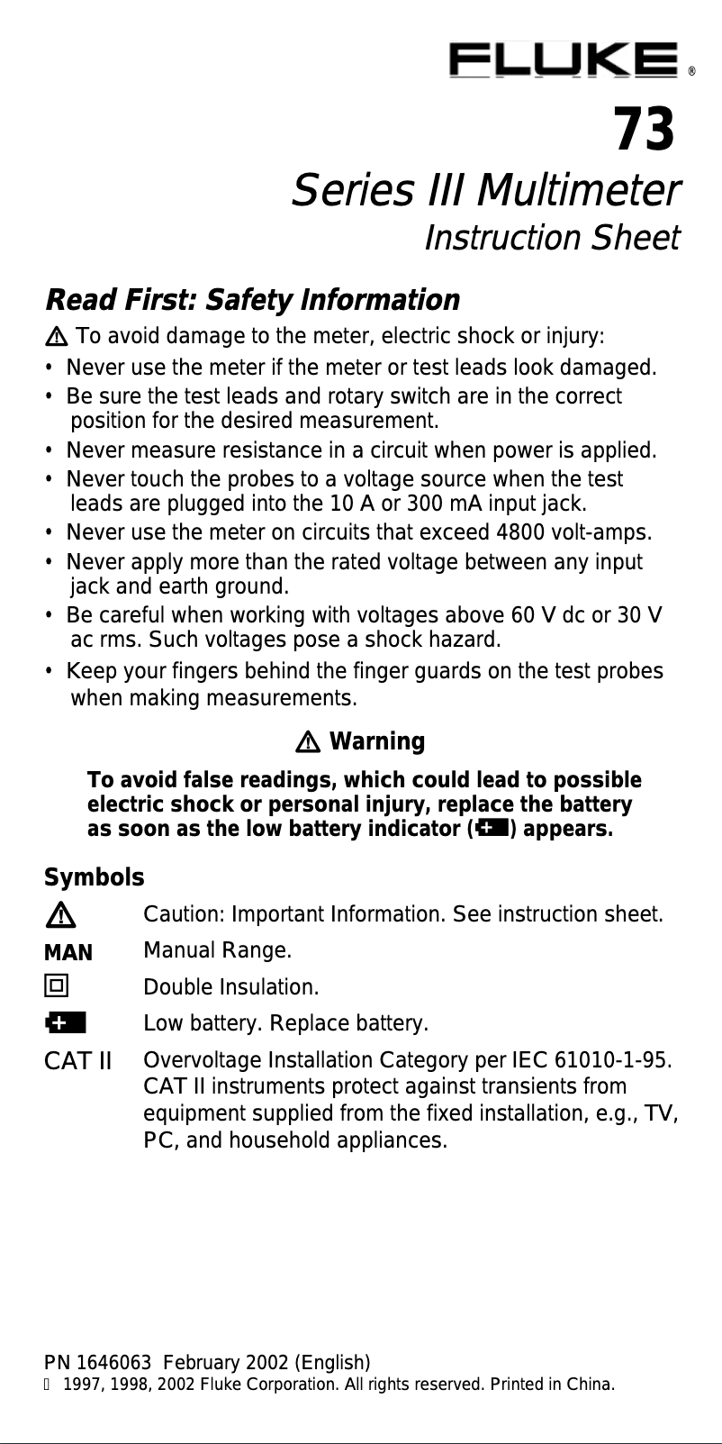Page 1 de la notice Manuel utilisateur Fluke 73