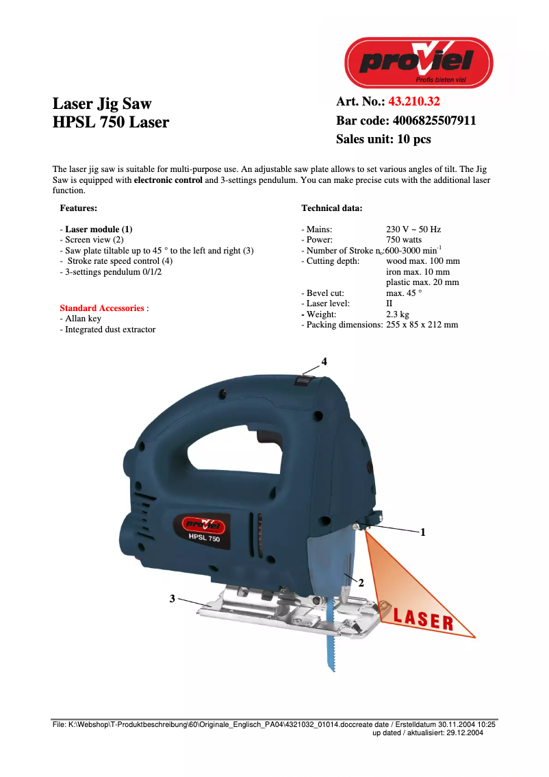 Page n°1 - Manuel utilisateur Proviel HPSL 750