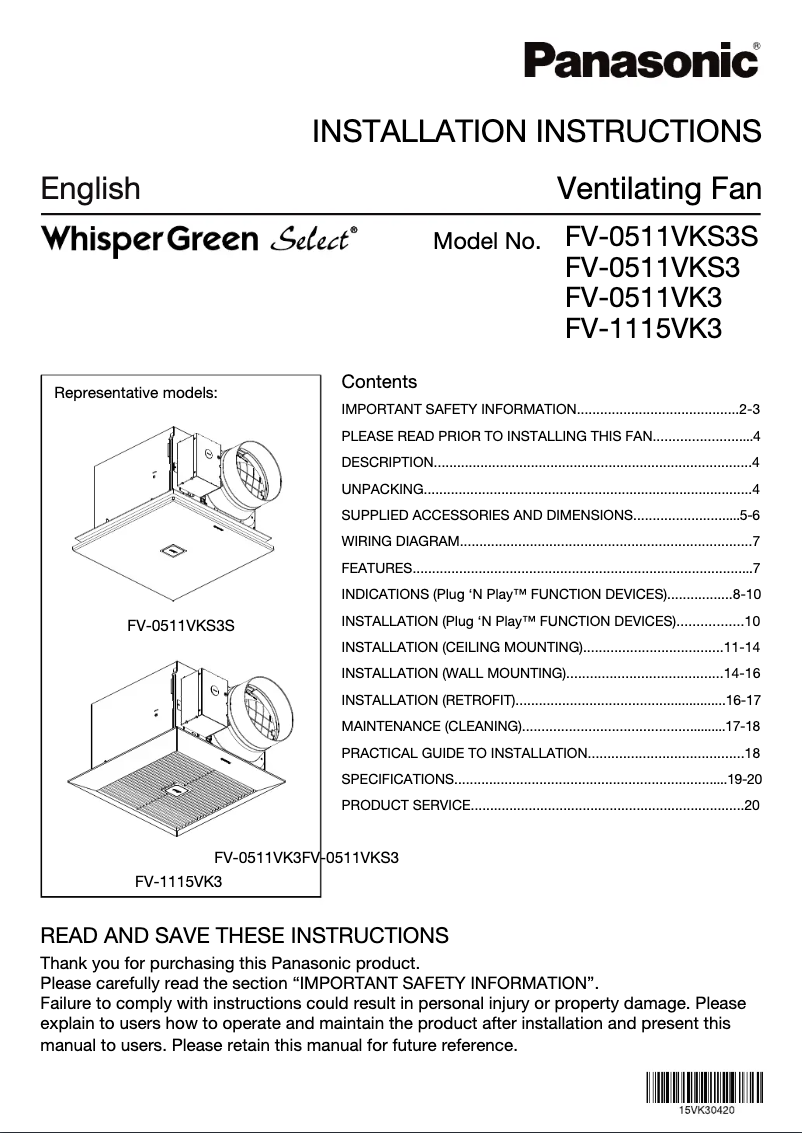 Page 1 de la notice Guide d'installation Panasonic FV-1115VK3