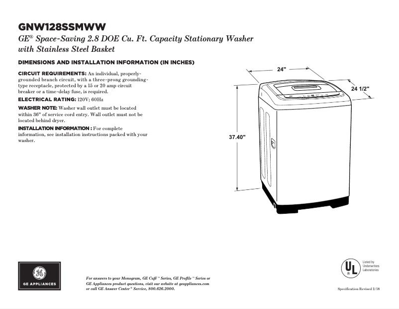 Page 1 de la notice Fiche technique GE GNW128SSMWW