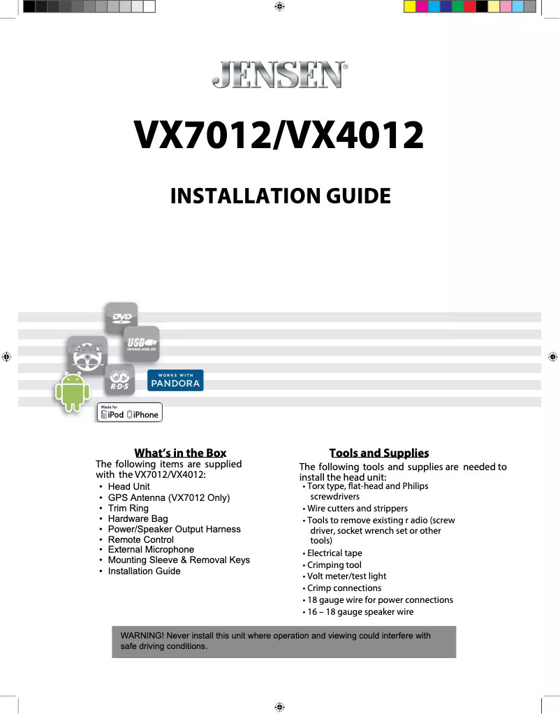 Page 1 de la notice Guide d'installation Jensen VX7012