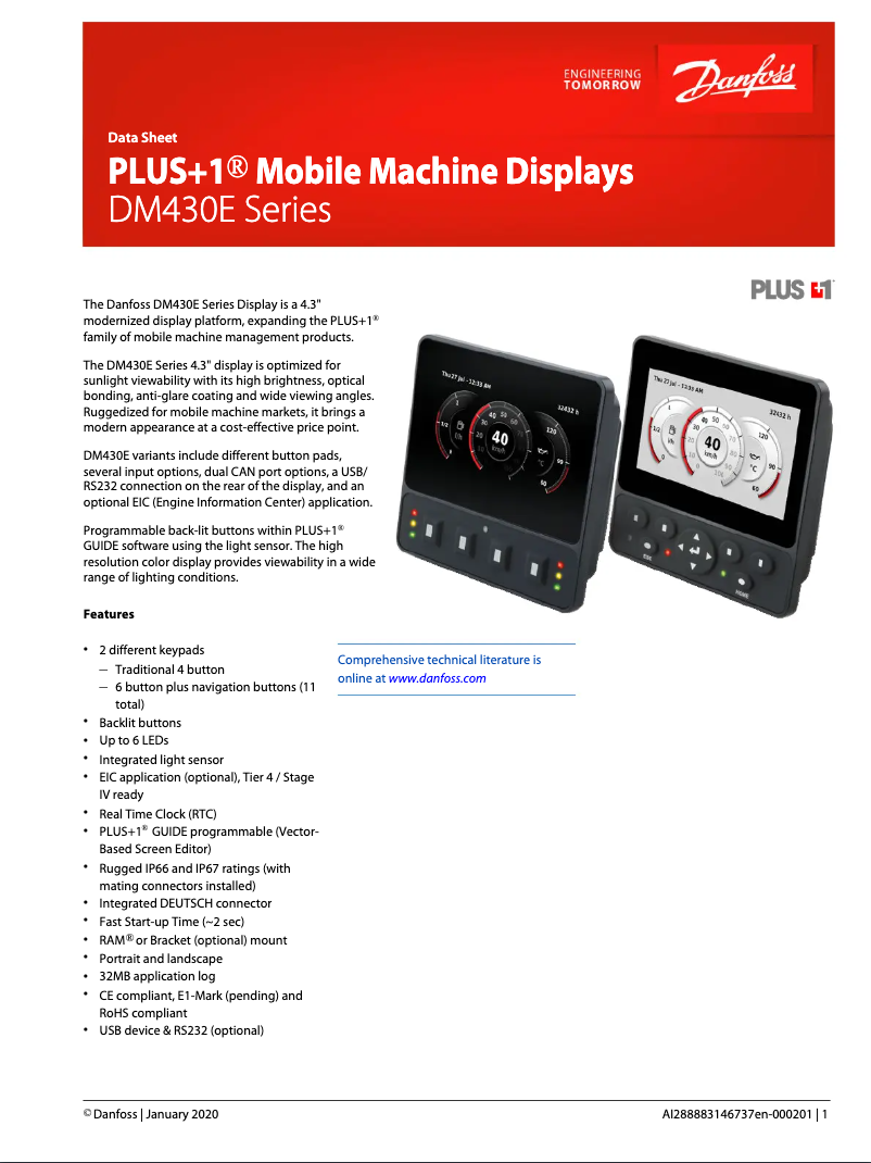 Page 1 de la notice Fiche technique Danfoss DM430E