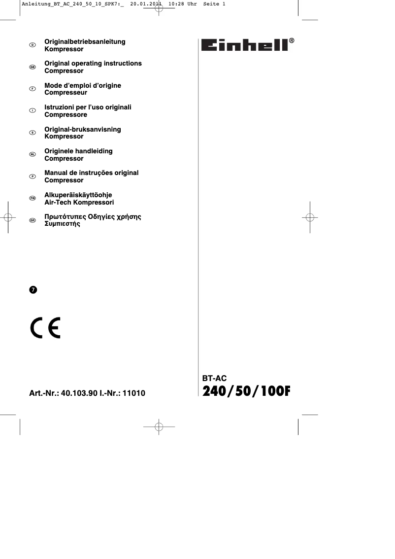 Page 1 de la notice Mode d'emploi Einhell BT-AC 240/50/10 OF