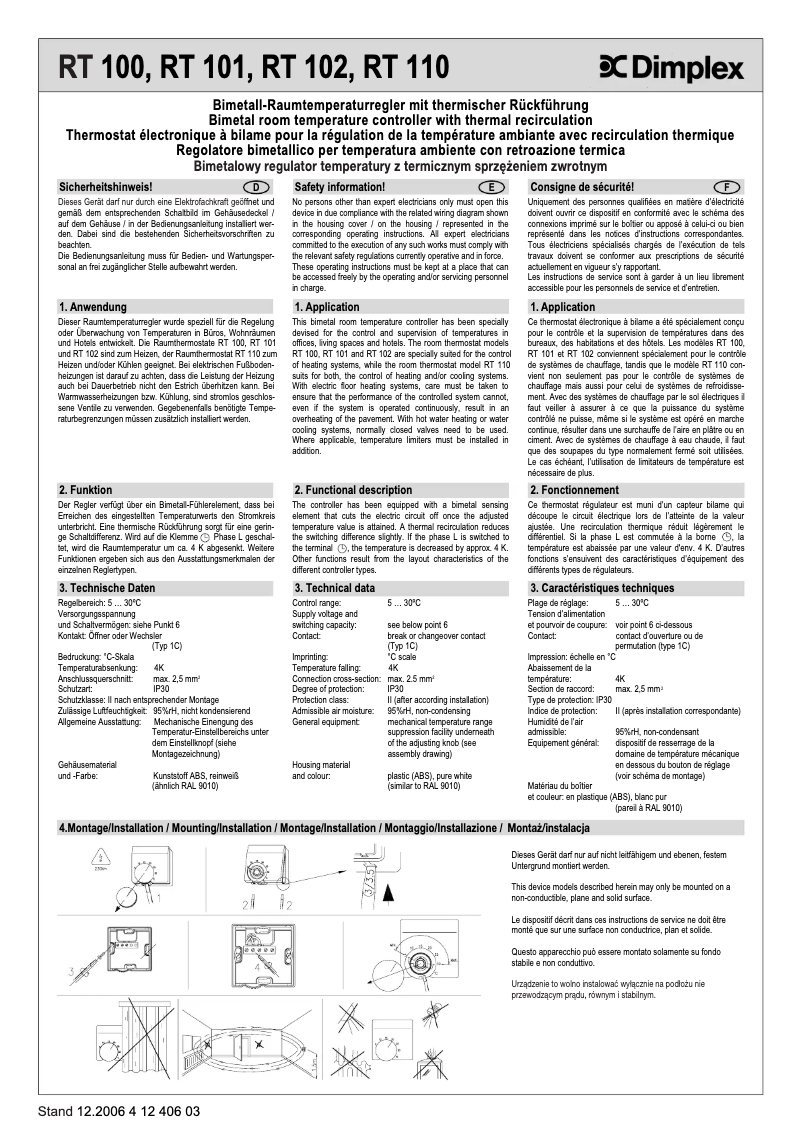 Page 1 de la notice Manuel utilisateur Dimplex RT 102