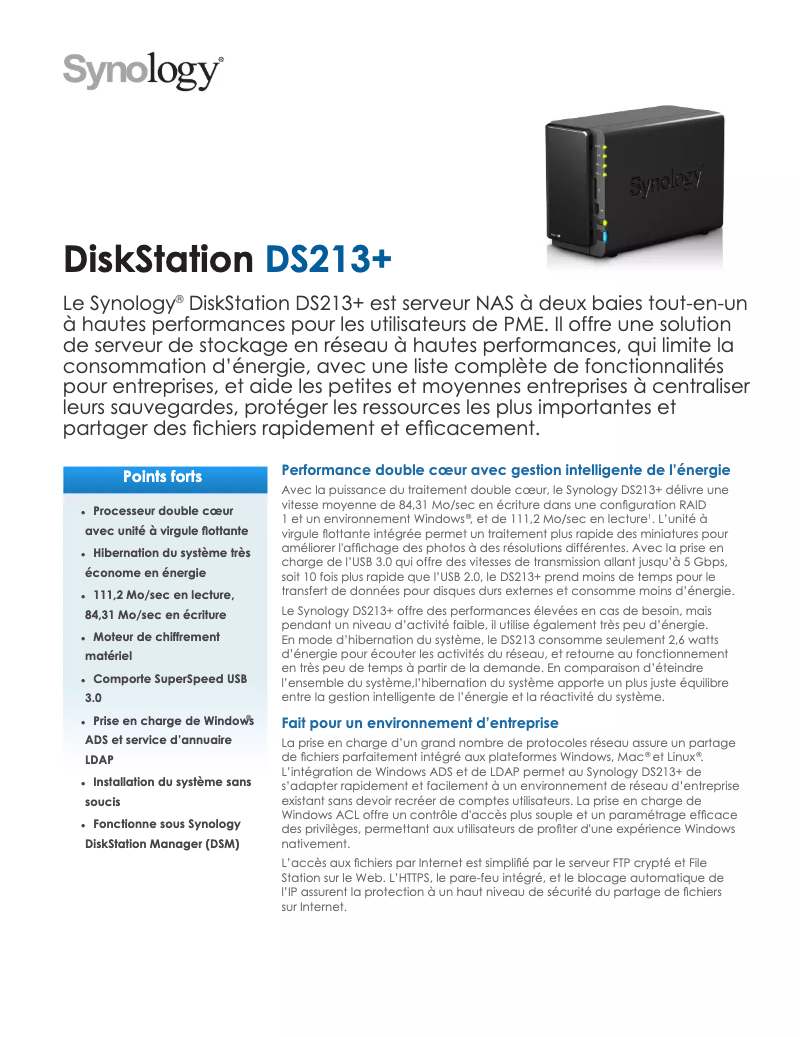 Page n°1 - Fiche technique Synology DiskStation DS213+