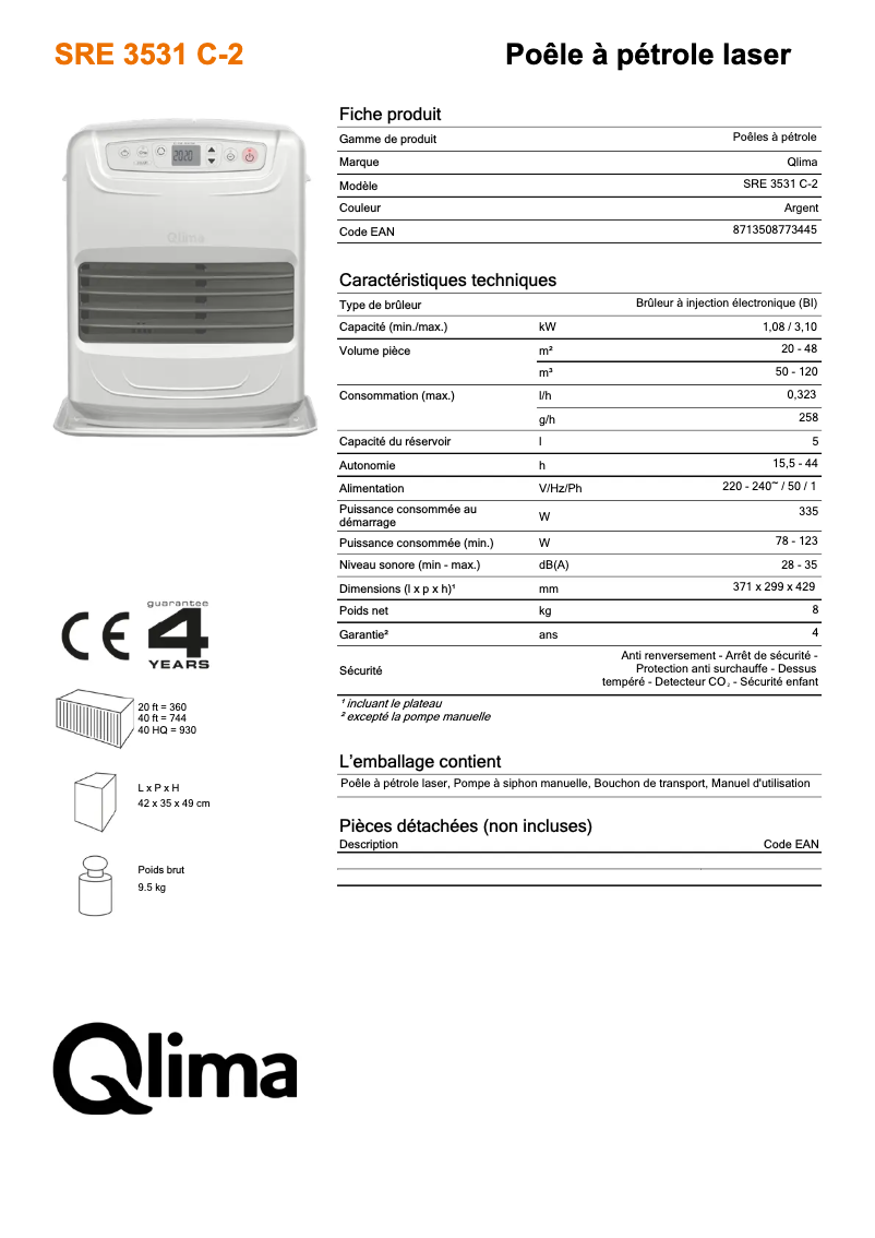 Page 1 de la notice Fiche technique Qlima SRE3531C-2