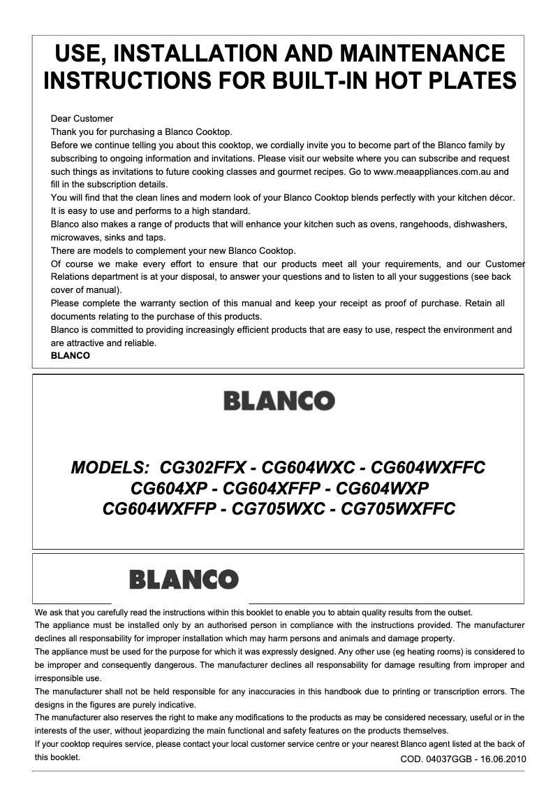 Page n°1 - Manuel utilisateur BLANCO CG705WXFFC