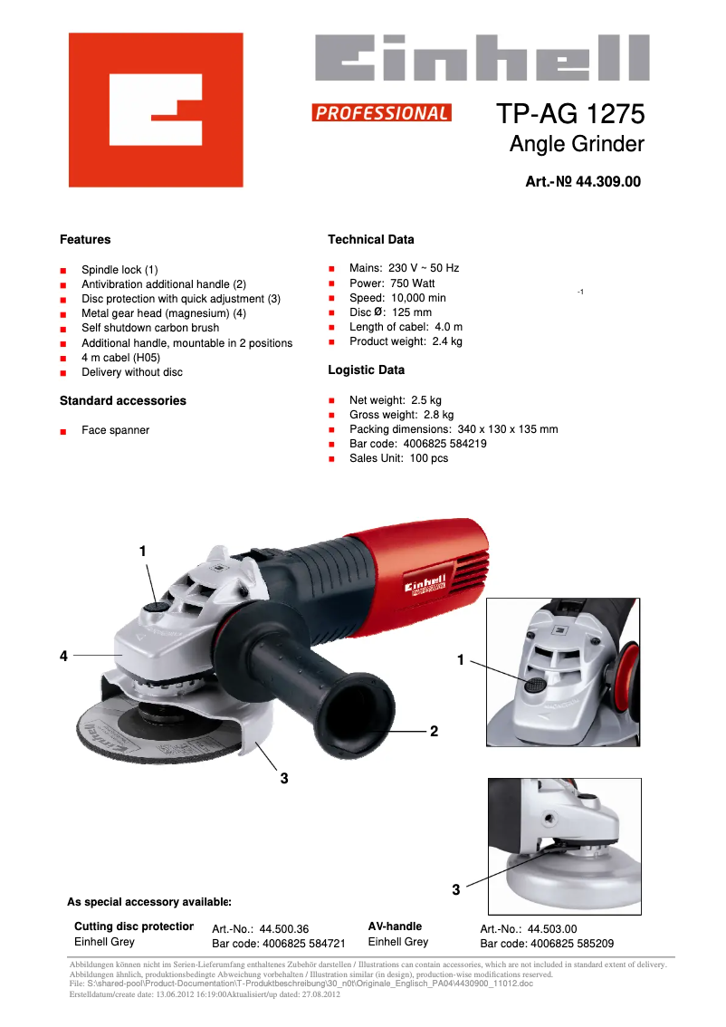 Page 1 de la notice Fiche technique Einhell TP-AG 1275