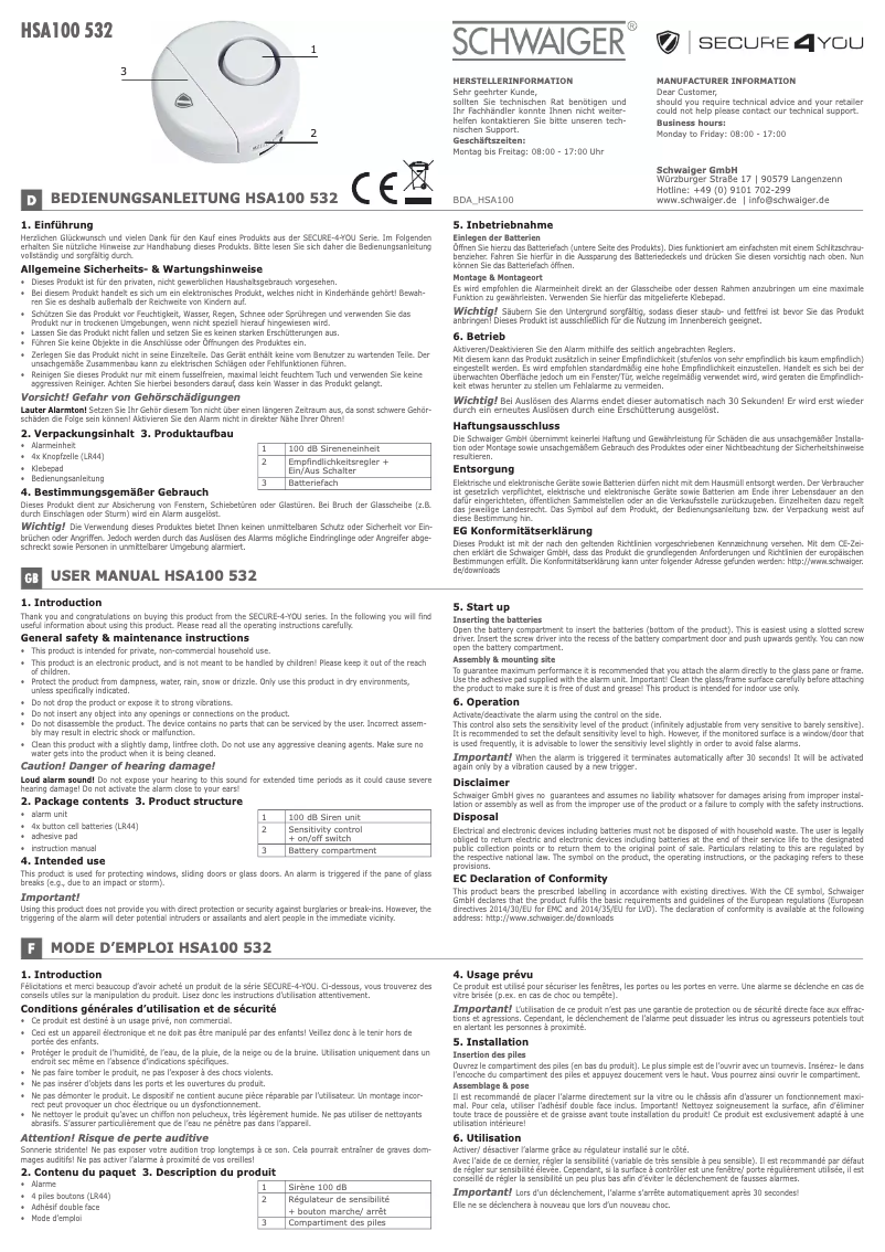 Page 1 de la notice Manuel utilisateur Schwaiger HSA100 532