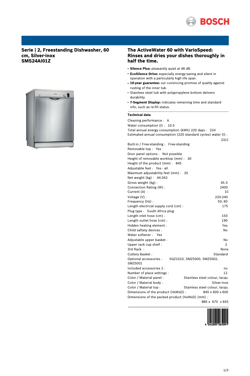 Page 1 of the manual Technical Sheet Bosch SMS24AI01Z