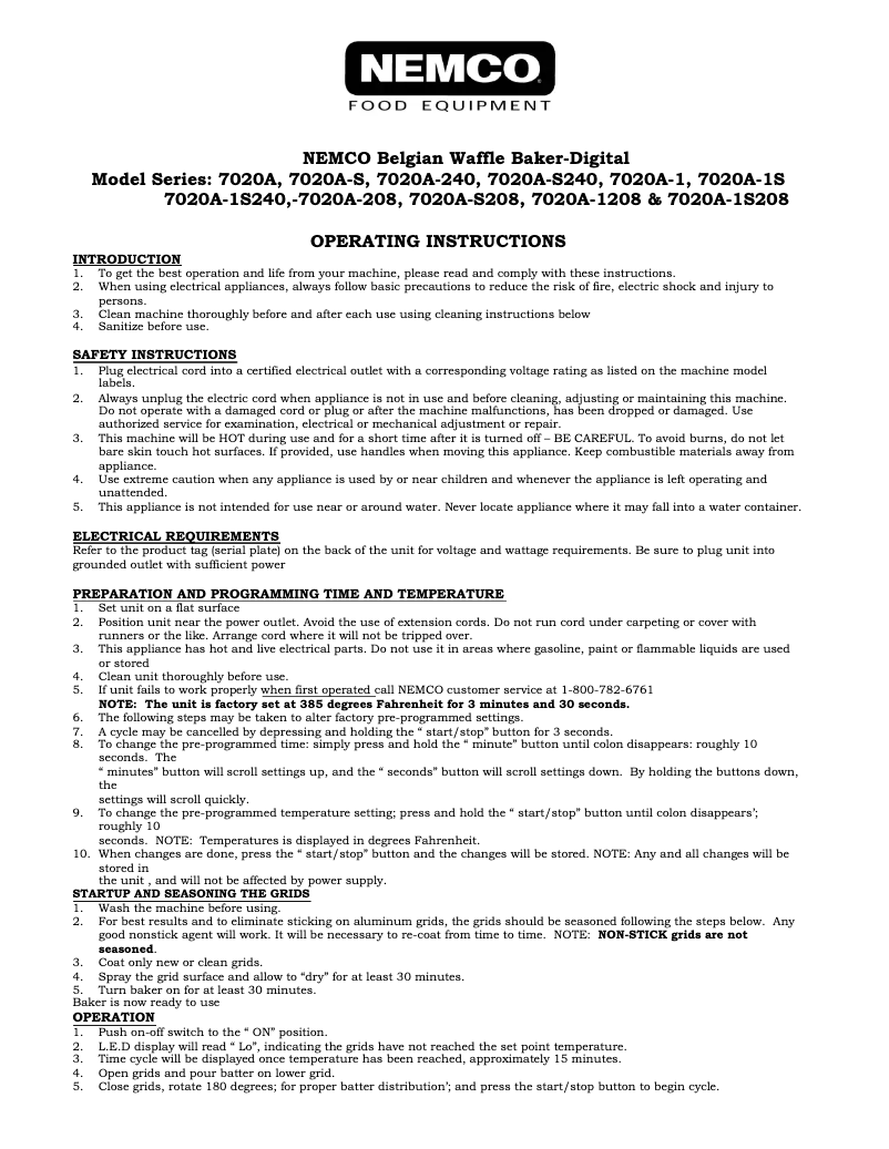 Page 1 de la notice Manuel utilisateur Nemco 7020A-1S208