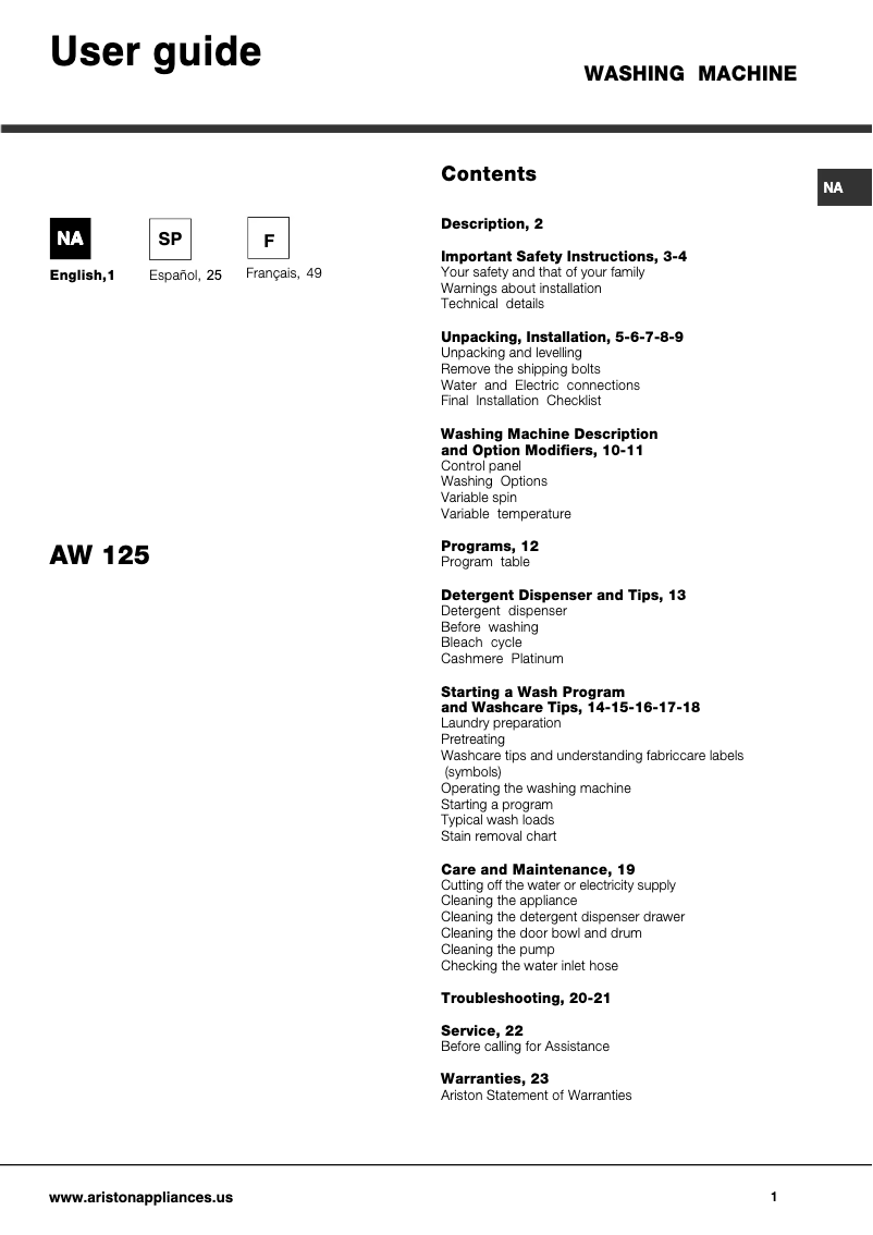 Page 1 de la notice Manuel utilisateur Ariston Thermo AW 125