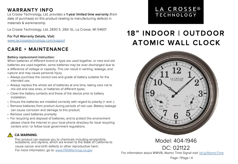 Page 1 de la notice Manuel utilisateur La Crosse Technology 404-1946