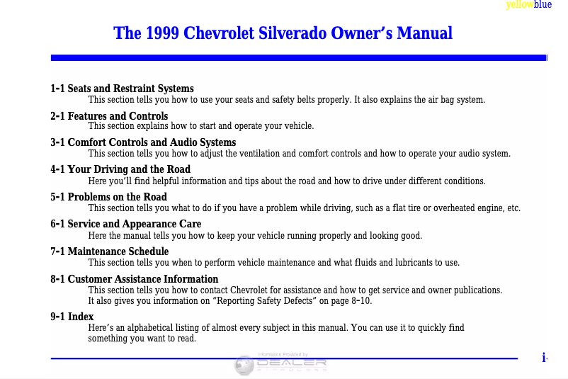 Page 1 de la notice Manuel utilisateur Chevrolet Silverado 1500 (1999)