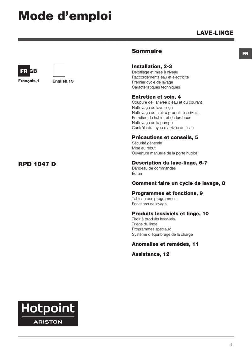 Page n°1 - Manuel utilisateur Hotpoint Ariston RPD 1047 DD FR