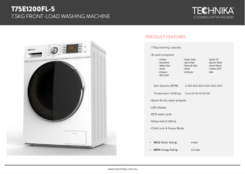 Page 1 de la notice Fiche technique Technika T75E1200FL-5