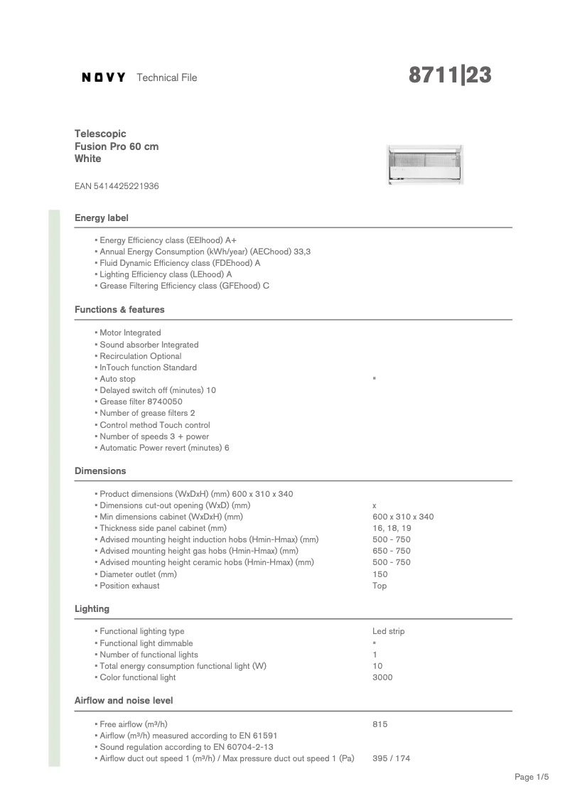 Page n°1 - Fiche technique Novy Fusion Pro 8711
