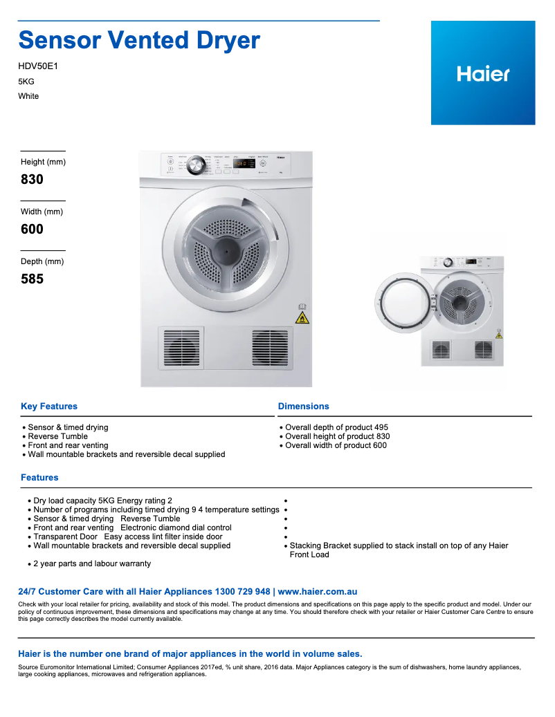 Page 1 de la notice Fiche technique Haier HDV50E1