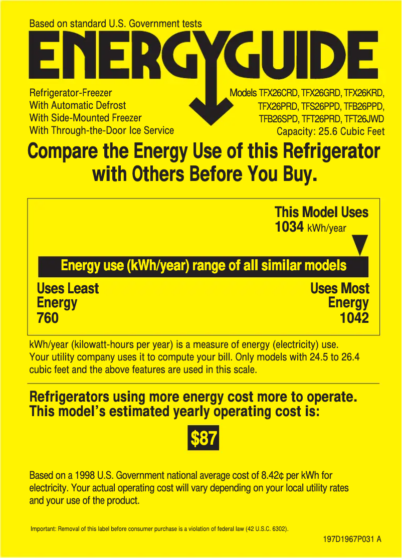 Page 1 de la notice Label énergétique GE TFX26KRDAA