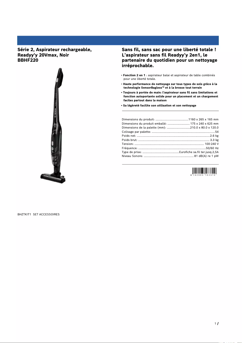 Page 1 de la notice Fiche technique Bosch Readyy'y BBHF220