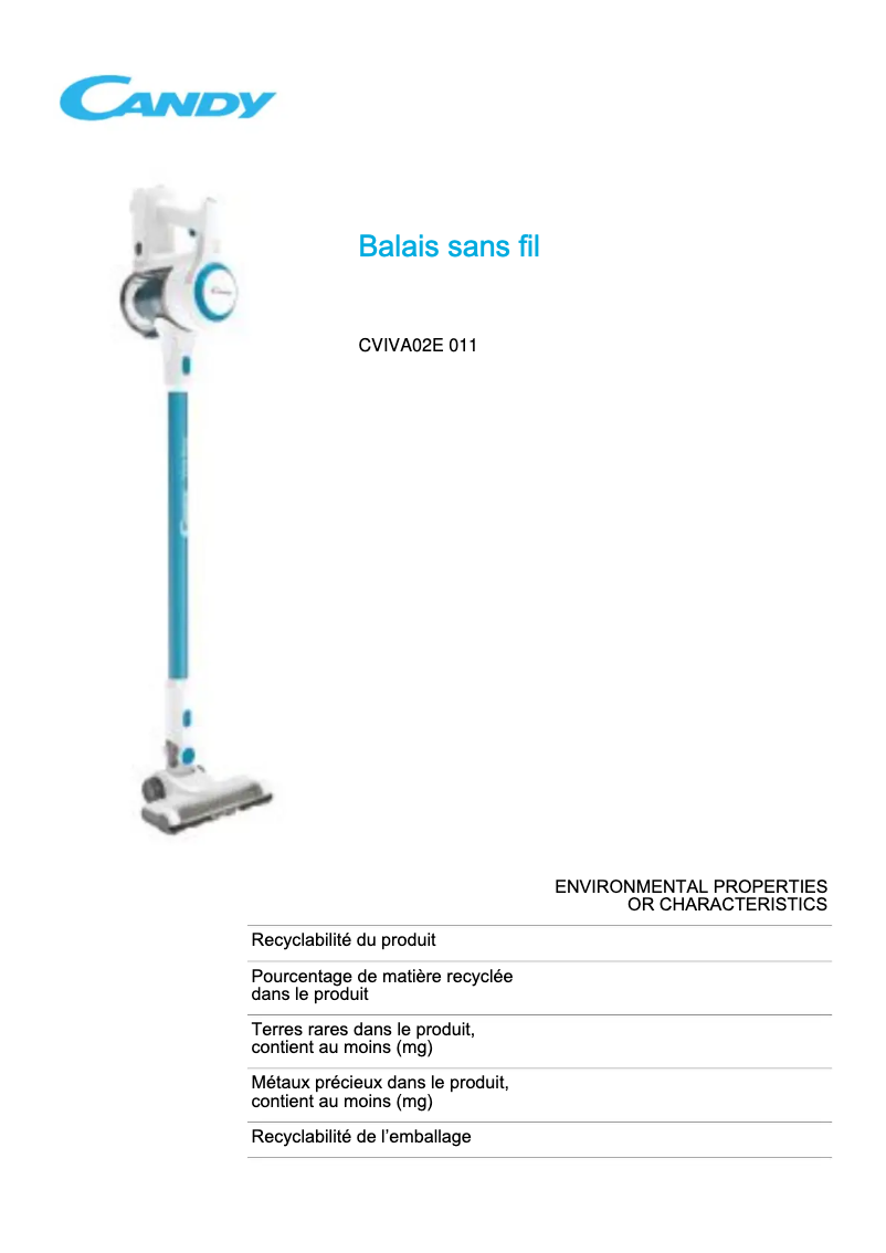 Page 1 de la notice Fiche technique Candy CVIVA02E 011