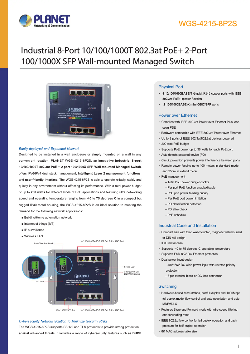 Page 1 de la notice Fiche technique Planet WGS-4215-8P2S