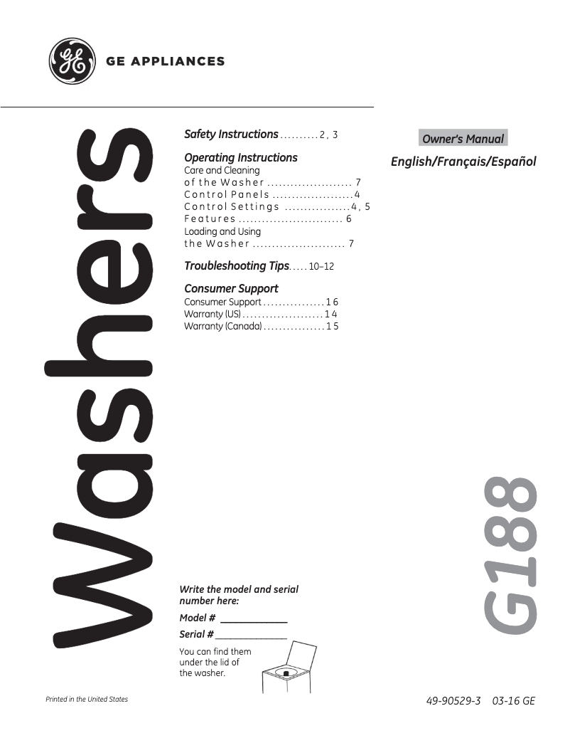 Page n°1 - Manuel d'utilisation et d'entretien GE GTW180SCJWW