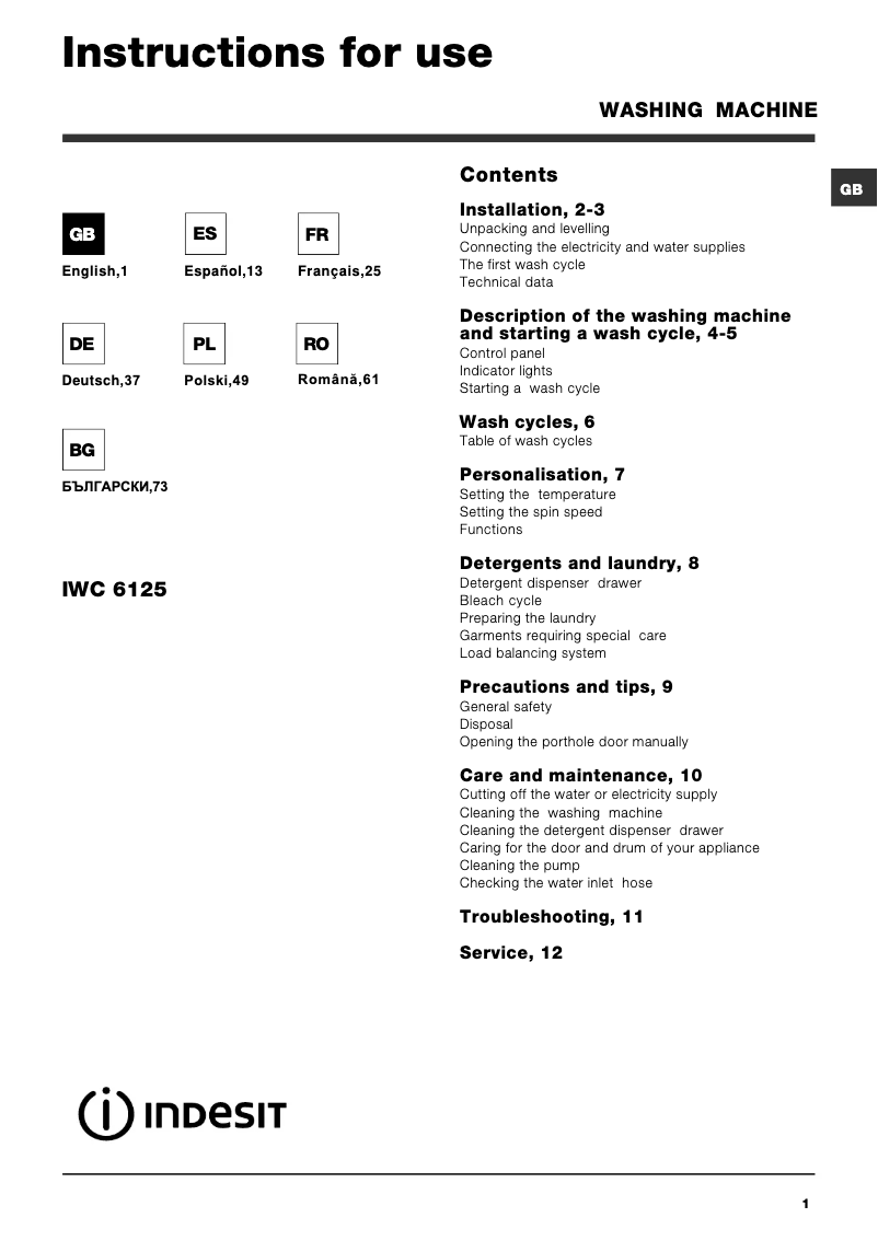 Page 1 de la notice Manuel utilisateur Indesit IWC 6125 (EU)