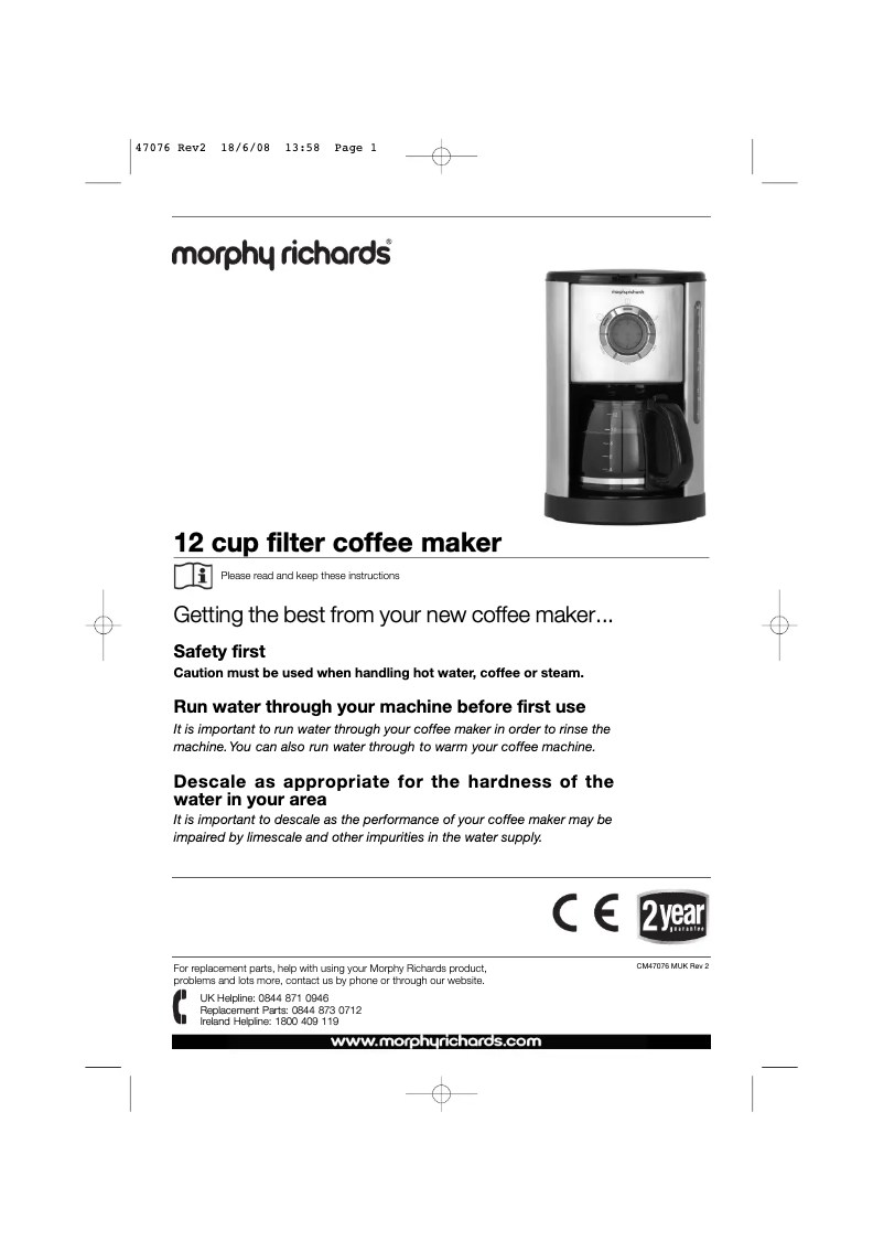 Page 1 de la notice Manuel utilisateur Morphy Richards 12 cup filter 47084