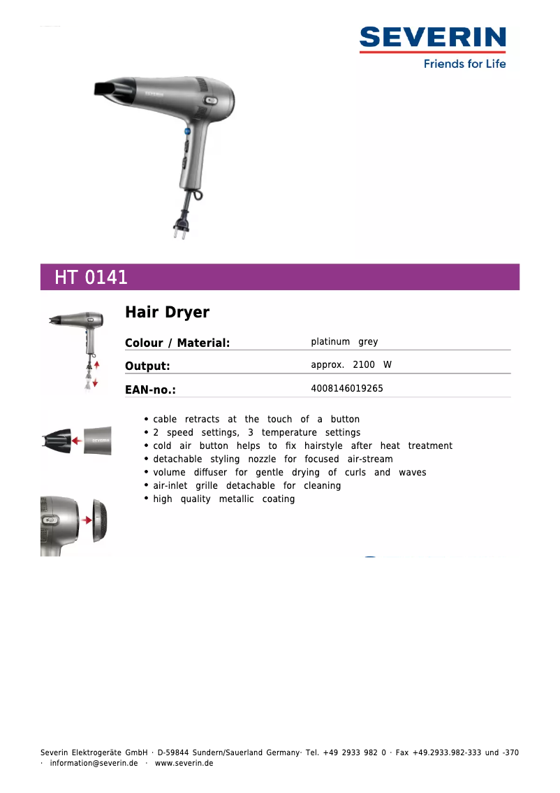Página 1 del manual Ficha técnica Severin HT 0141