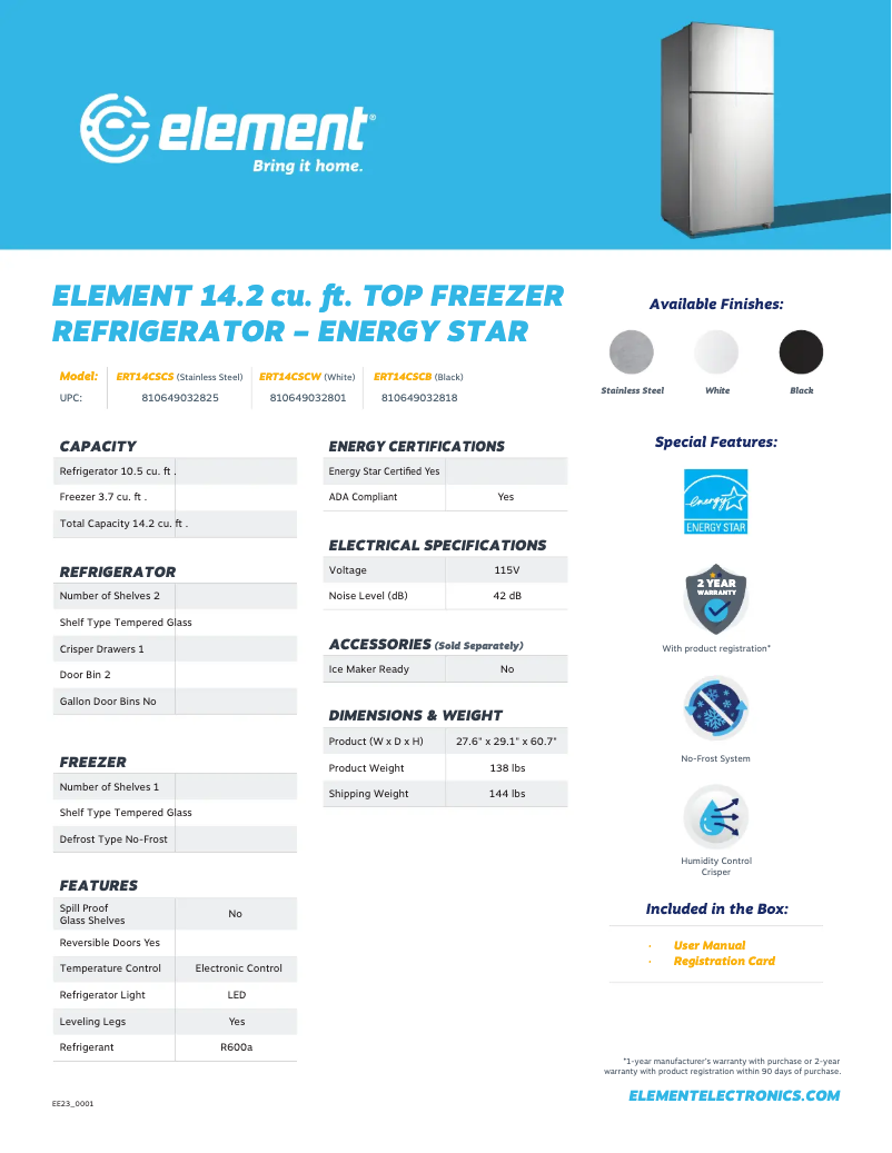 Página 1 del manual Ficha técnica Element ERT14CSCW