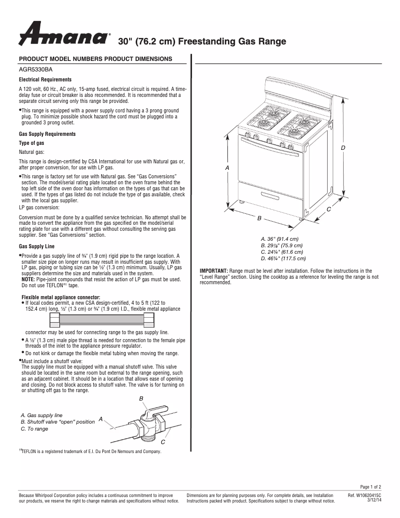 Page 1 of the manual Technical Sheet Amana AGR5330BAB