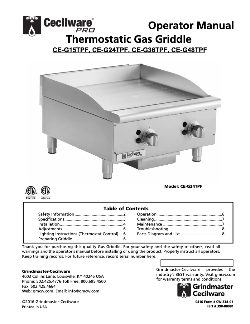 Page n°1 - Manuel utilisateur Cecilware Pro CE-G15TPF
