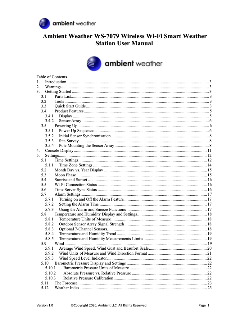 Page n°1 - Manuel utilisateur Ambient Weather WS-7079