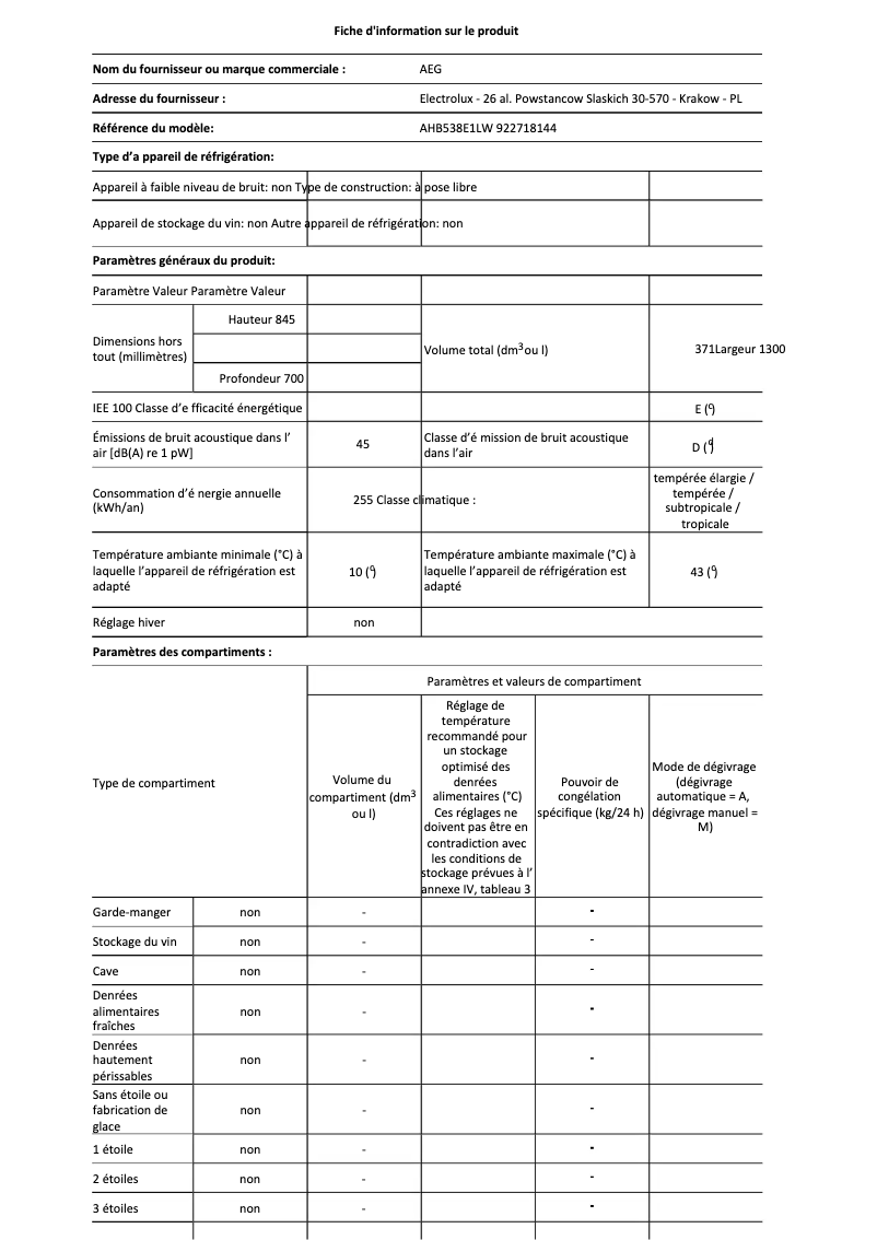 Page 1 de la notice Fiche technique Electrolux AHB538E1LW
