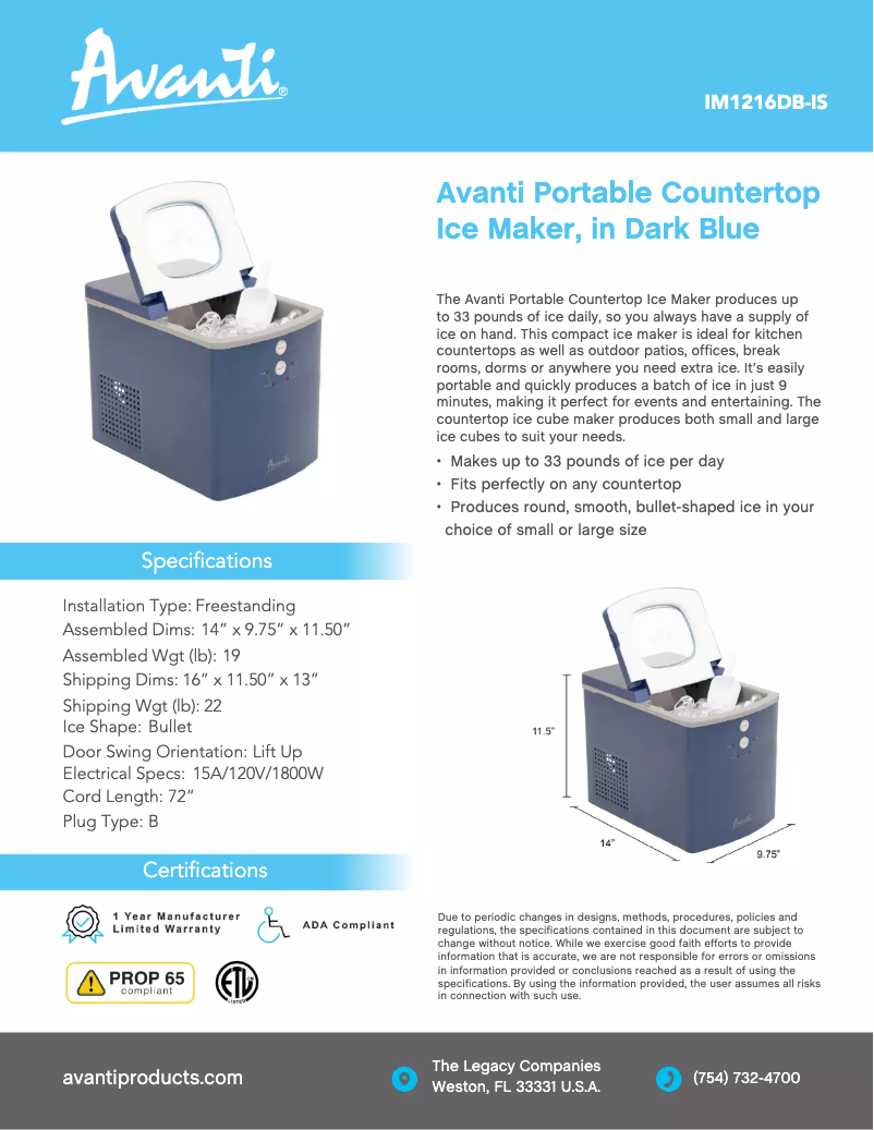 Page 1 de la notice Fiche technique Avanti IM1218BS-IS