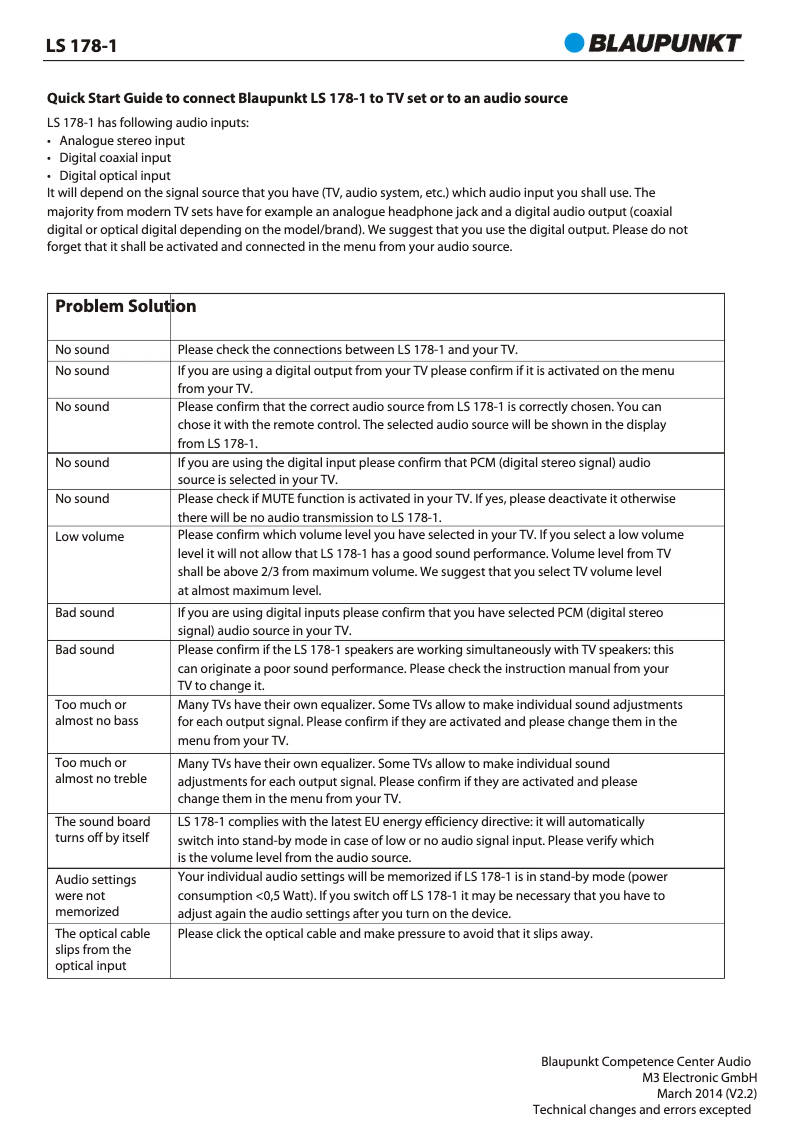 Page 1 de la notice Guide d'installation Blaupunkt LS 178-1