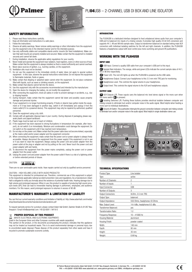 Page 1 de la notice Manuel utilisateur Palmer PLI04USB