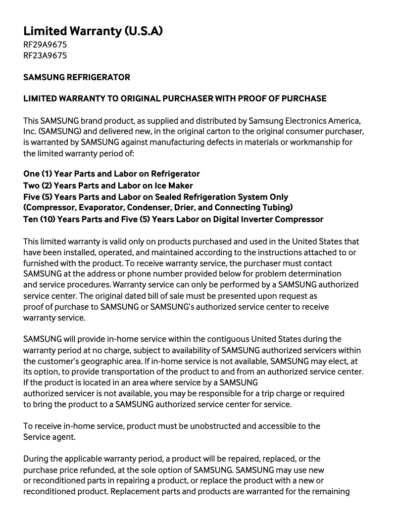 Page 1 de la notice Informations de garantie Samsung RF23A967512