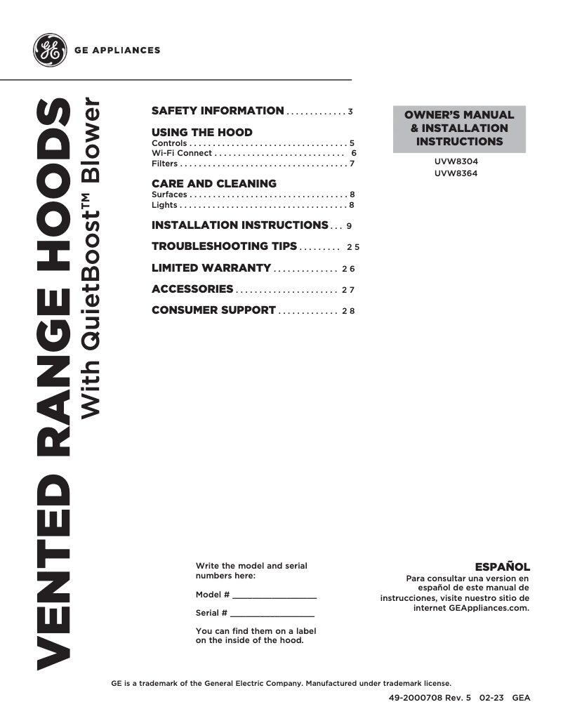 Page 1 de la notice Manuel d'utilisation et d'entretien GE UVW8304SPSS