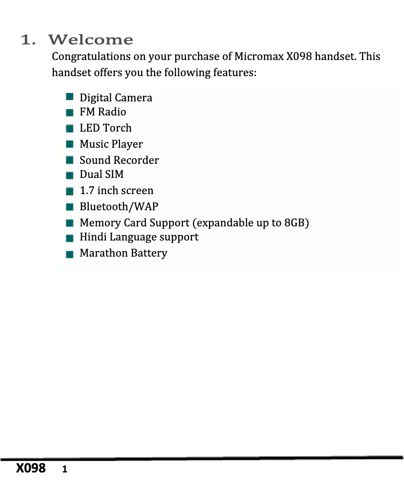 Page 1 de la notice Manuel utilisateur Micromax X098