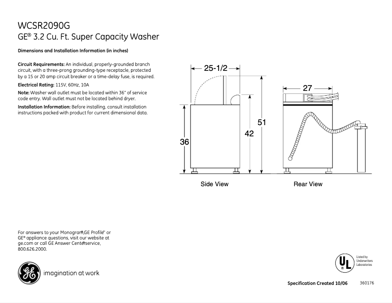 Page n°1 - Fiche technique GE WCSR2090GWW