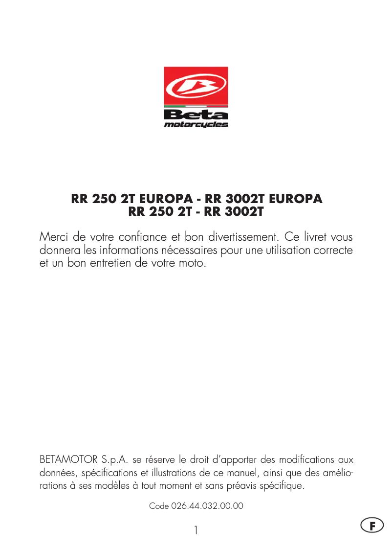Page 1 de la notice Manuel utilisateur Beta RR 2T 250 (2019)