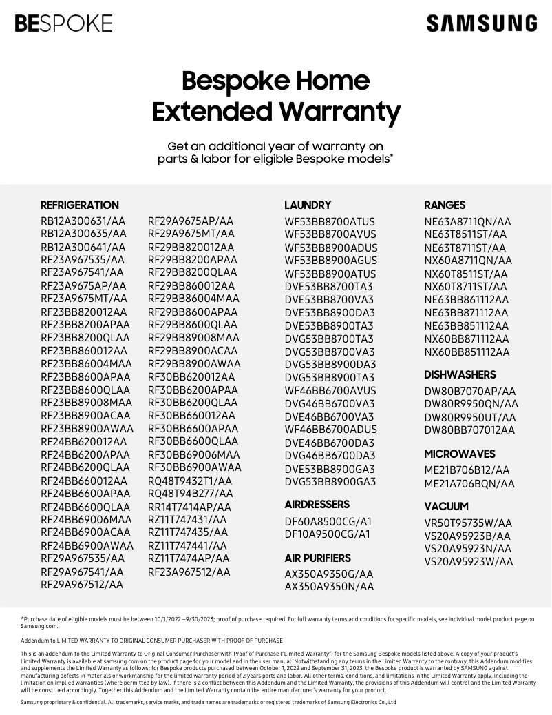 Page 1 de la notice Informations de garantie Samsung RF23BB8600AP