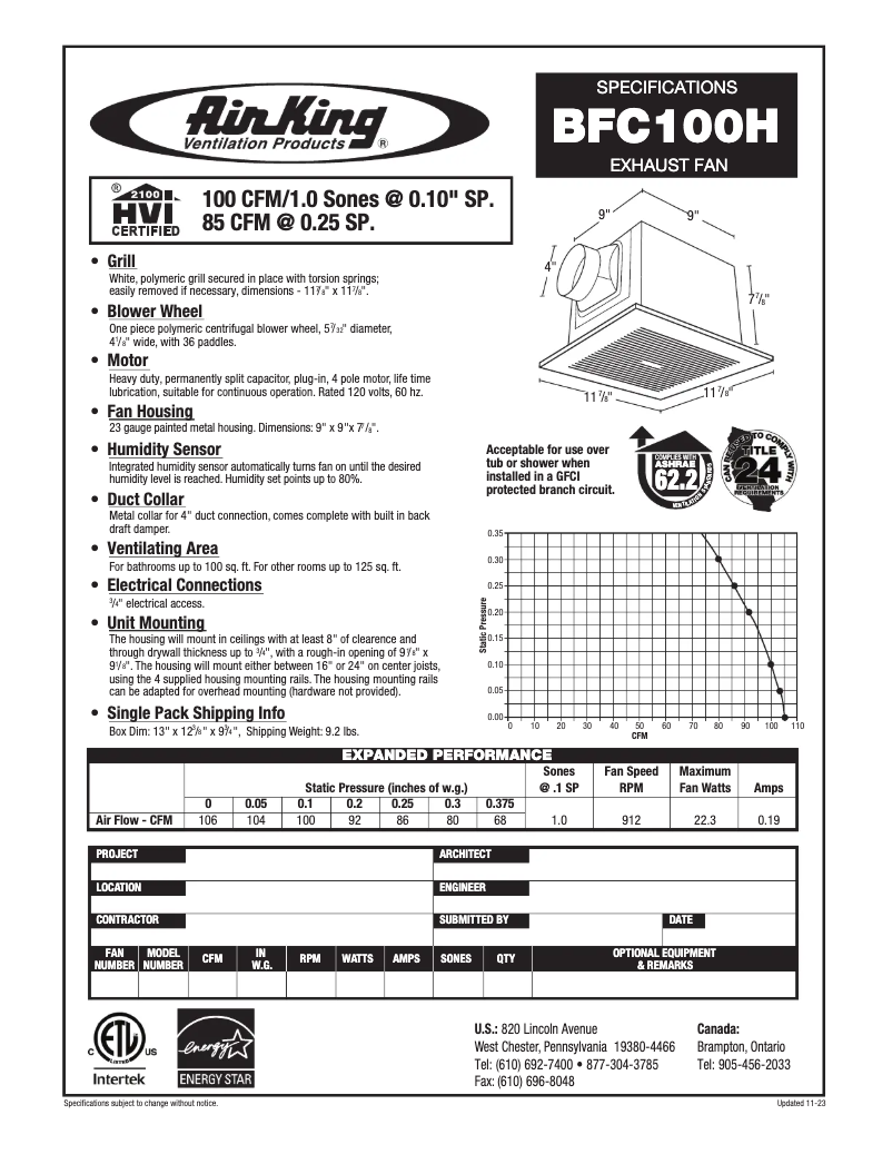 Page 1 de la notice Fiche technique Air King BFC100H