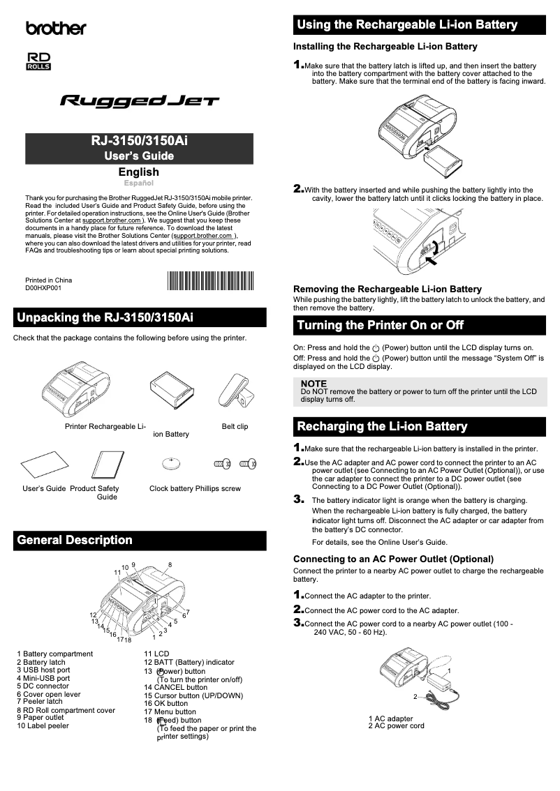 Image de la première page du manuel de l'appareil RJ-3150Ai
