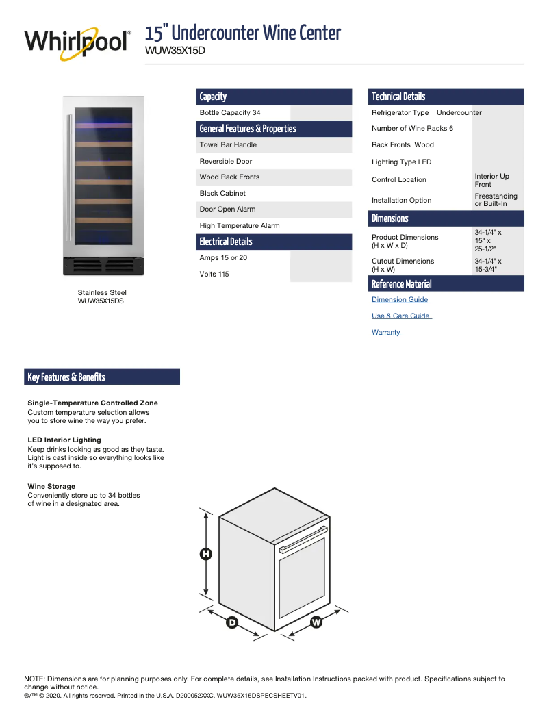 Page 1 de la notice Fiche technique Whirlpool WUW35X15DS
