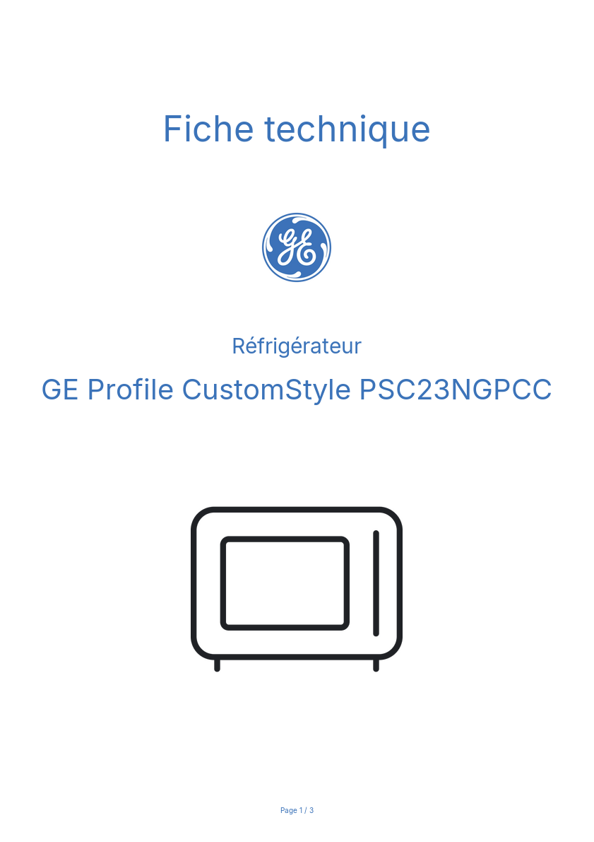 Page n°1 - Fiche technique GE Profile CustomStyle PSC23NGPCC