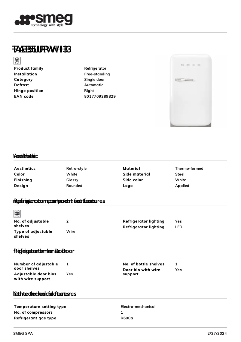 Page 1 de la notice Fiche technique Smeg FAB5URWH3