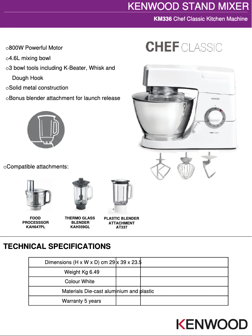 Page 1 de la notice Fiche technique Kenwood KM336